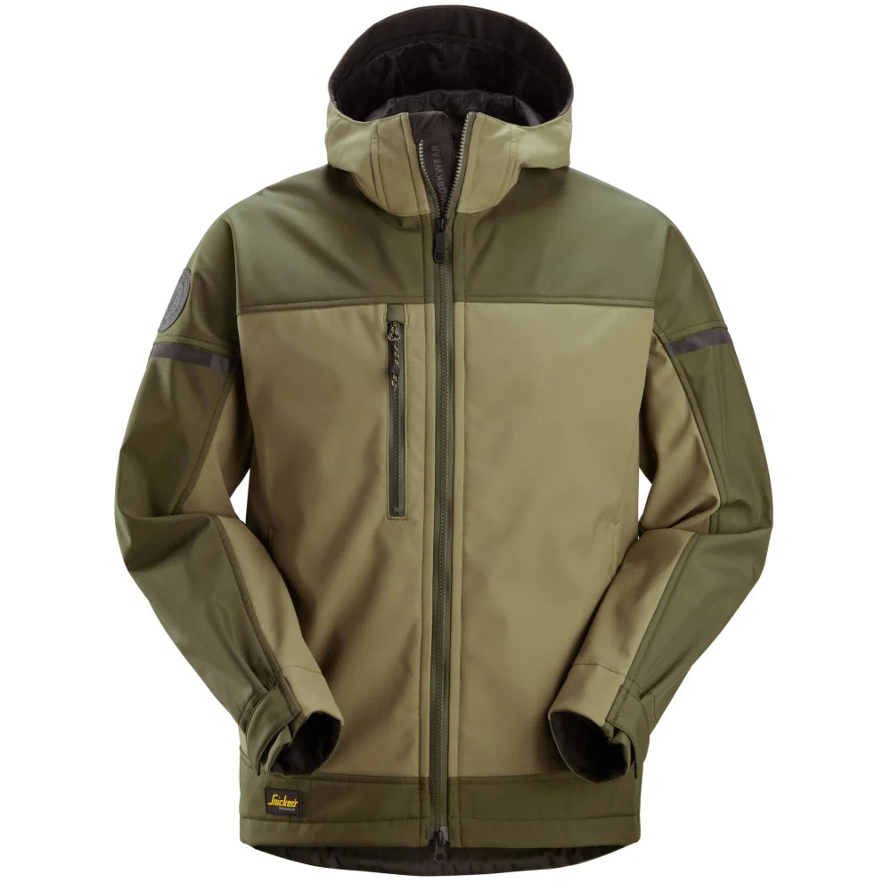 Snickers 1226 Allroundwork Softshell Stretch Werkjas Met Capuchon 3135 Khaki Green Dk Khakigreen