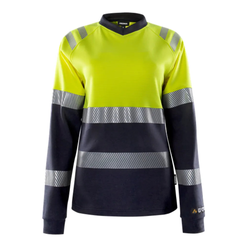 Fristads Flamestat High Vis Dames T-Shirt Met Lange Mouwen Klasse 1 7108 Tfl High Vis Geel Marineblauw