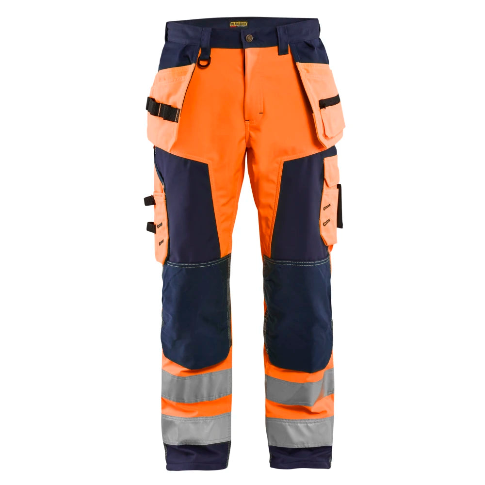 Blaklader 1567 2517 High Vis Werkbroek Softshell Met Gereedschapszakken High Vis Oranje Marineblauw
