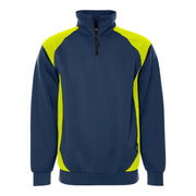 Fristads Green Sweater Met Korte Rits 7048 Gsm Marineblauw Geel