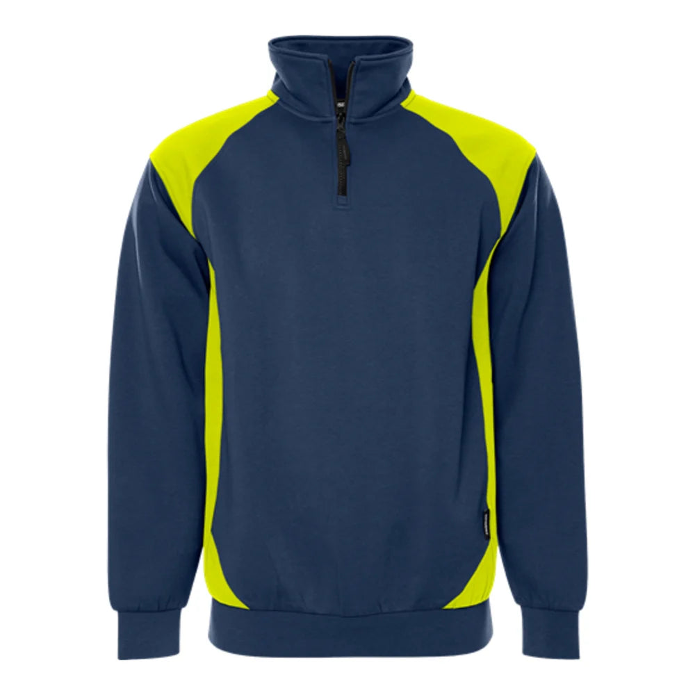 Fristads Green Sweater Met Korte Rits 7048 Gsm Marineblauw Geel