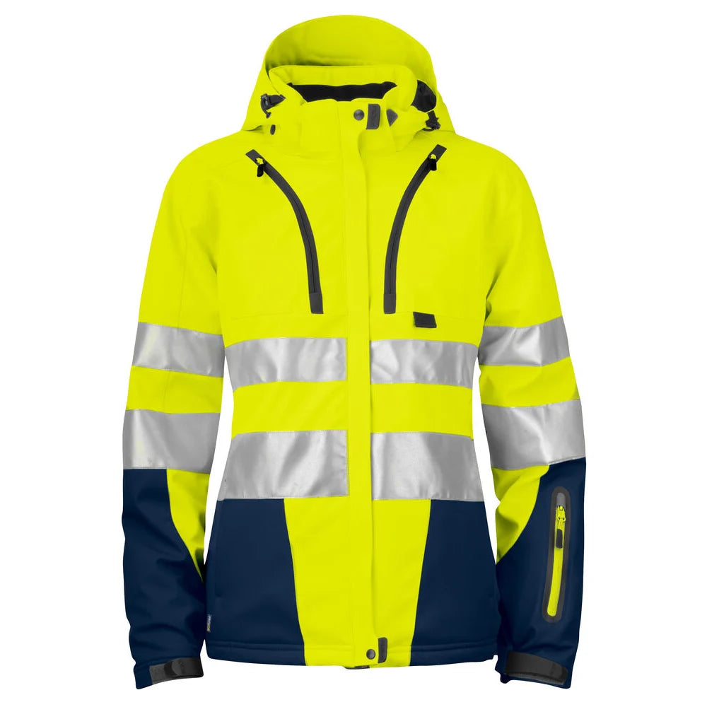 Projob 6424 Gevoerde Signalisatiesoftshell En Iso 20471 Klasse 3 Dames Geel Marine