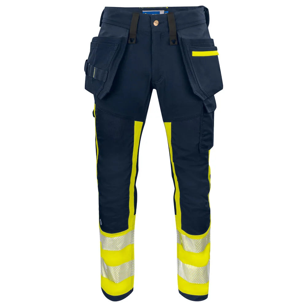 Projob 6540 Signalisatiestretchbroek Met Kniezakken En Spijkerzakken En Iso 20471 Klasse 1 Geel Marine