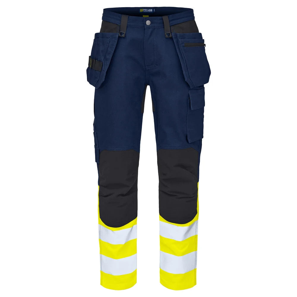 Projob 6560 Signalisatie Stretchbroek Met Kniezakken En Spijkerzakken En Iso 20471 Klasse 1 Geel Marine