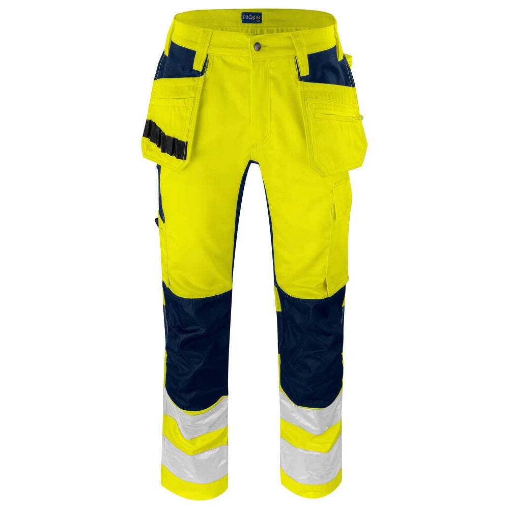 Projob 6570 Signalisatie Stretchbroek Met Kniezakken En Spijkerzakken En Iso 20471 Klasse 2 Geel Marine