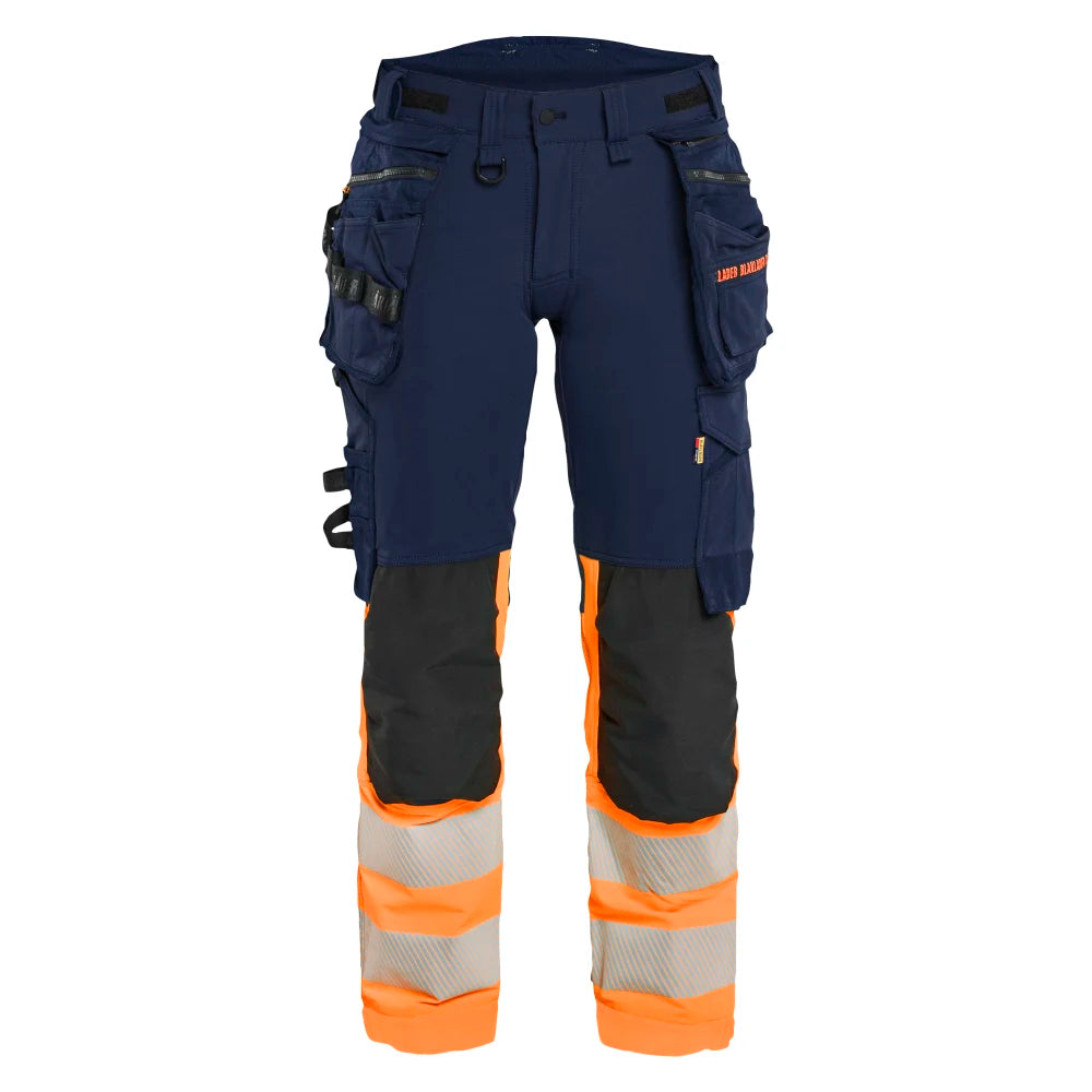 Blaklader 7025 1648 Dames High Vis Werkbroek 4-Weg Stretch Met Gereedschapszakken Marineblauw Oranje