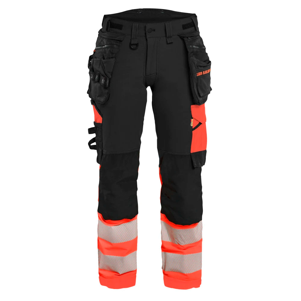 Blaklader 7025 1648 Dames High Vis Werkbroek 4-Weg Stretch Met Gereedschapszakken Zwart High Vis Rood