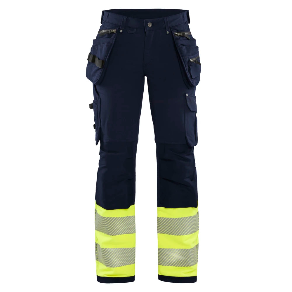 Blaklader 7193 1642 Dames High Vis Werkbroek 4-Weg Stretch Met Gereedschapszakken Marine High Vis Geel