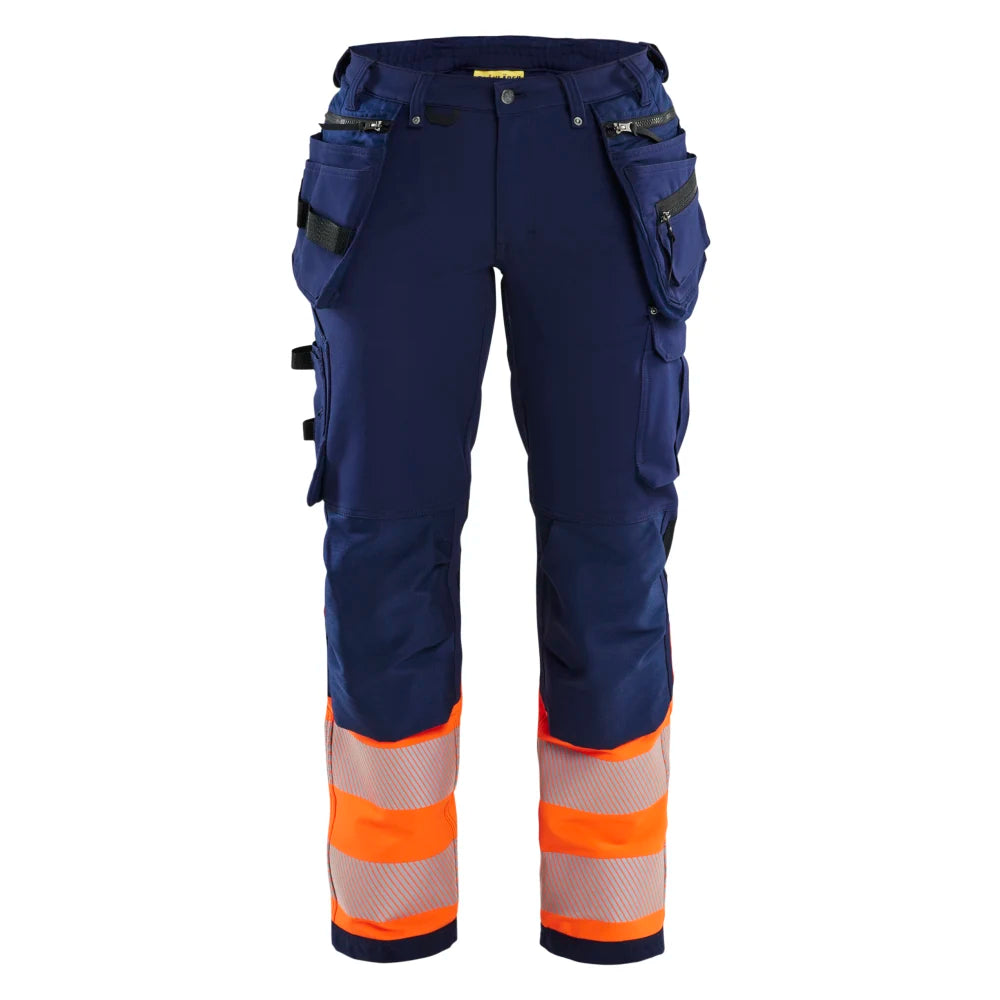 Blaklader 7193 1642 Dames High Vis Werkbroek 4-Weg Stretch Met Gereedschapszakken Marineblauw Oranje