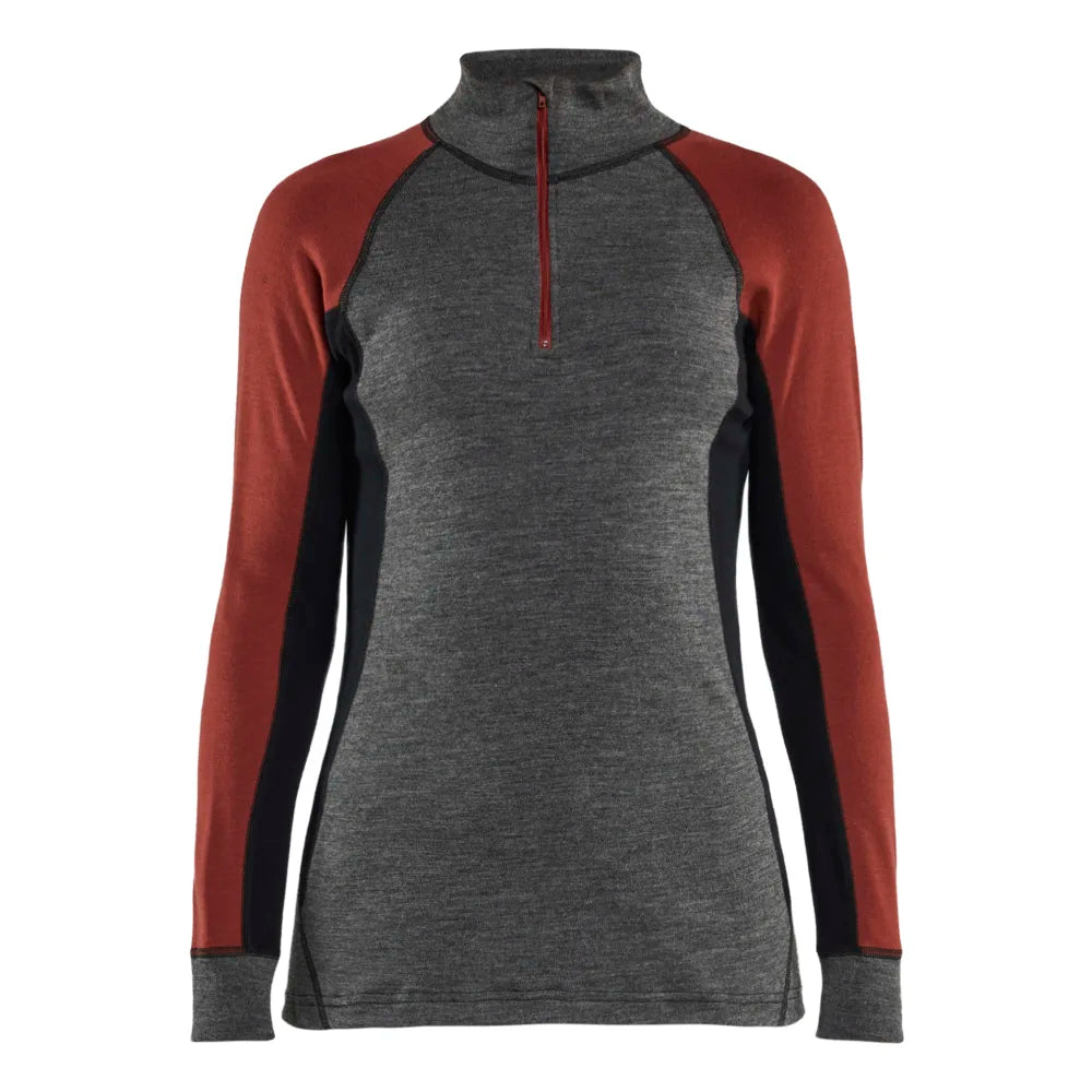 Blaklader 7299 1736 Dames Onderhemd Met Halve Rits Merinowol Xwarm Medium Grijs Gebrand Rood