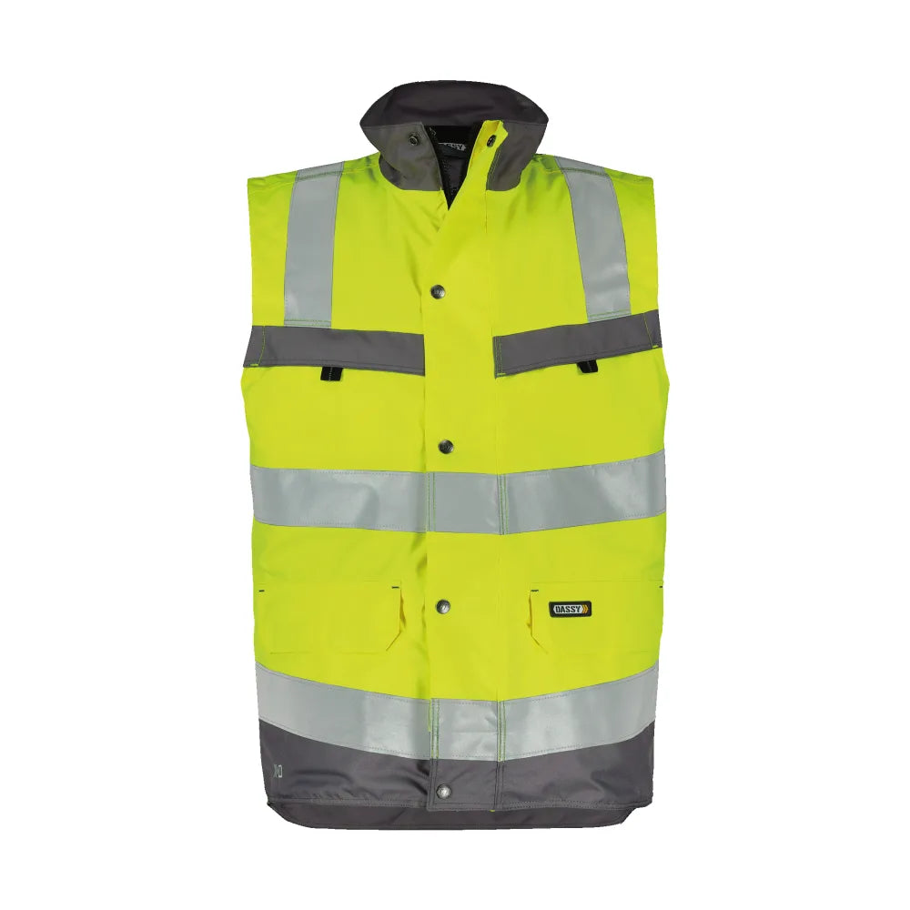 Dassy Bilbao Hogezichtbaarheidsbodywarmer 200 G/M² Fluogeel Cementgrijs